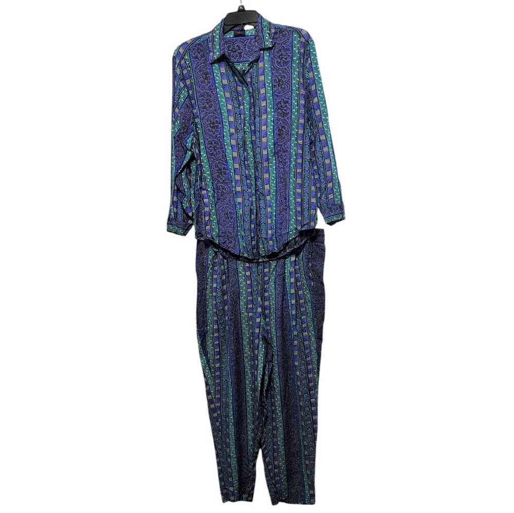 Vintage 1980s 2 Piece Matching Set Blue Green Graphic Women's Size Large - Picture 3 of 13